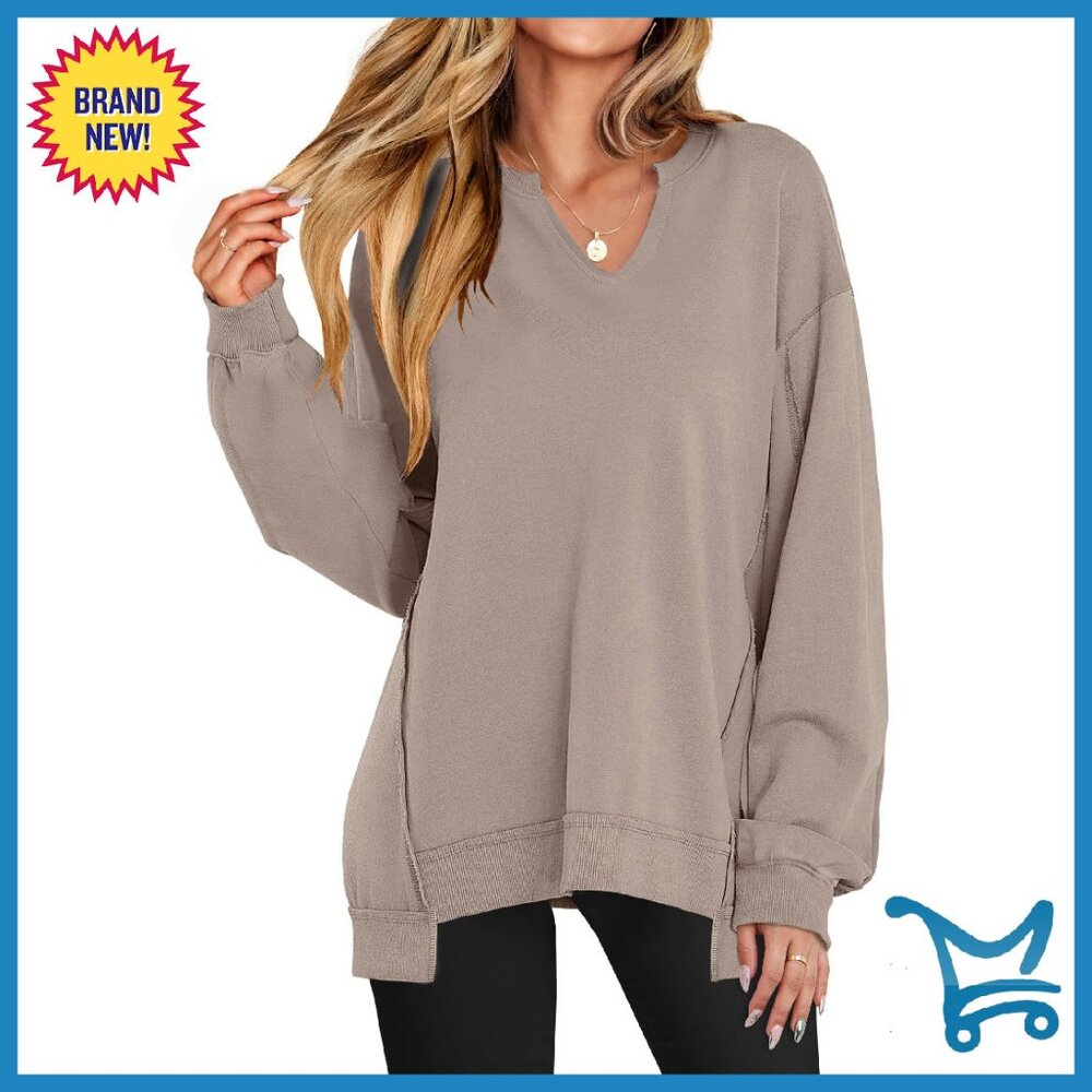 Oversized V-Neck Sweatshirt, Patchwork Design, Lo… - image 1